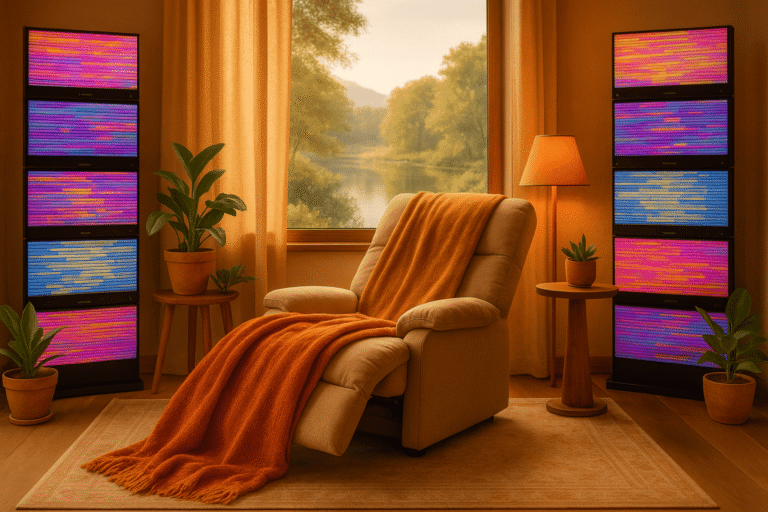 Energy Enhancement System set up in a room with a lounger in restful hues