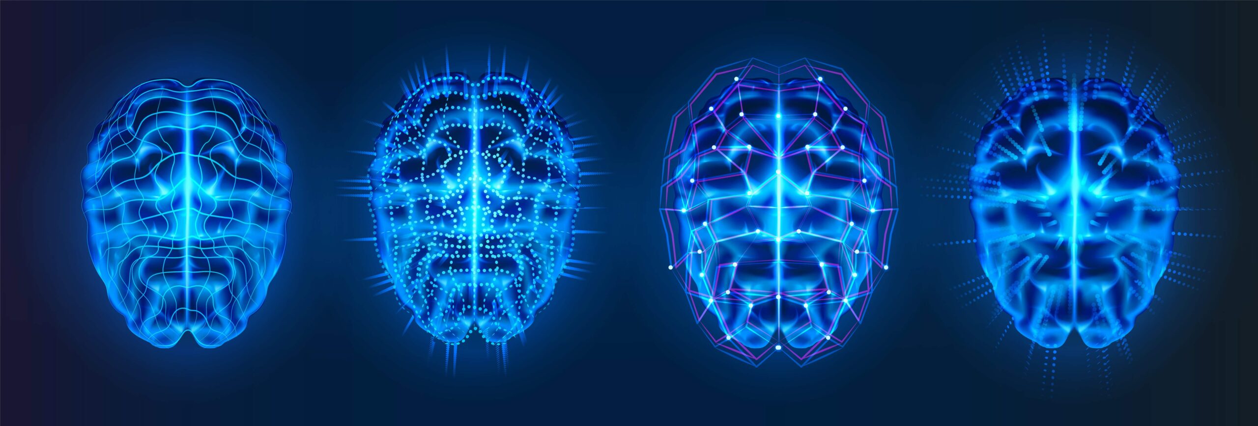 Blue light images of the brain in different states - different electrical activity evident.